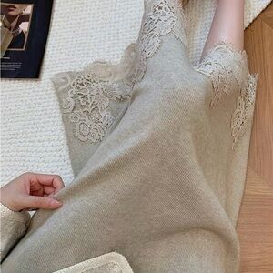 Oatmeal Beige Lace Trim Knit Skirt